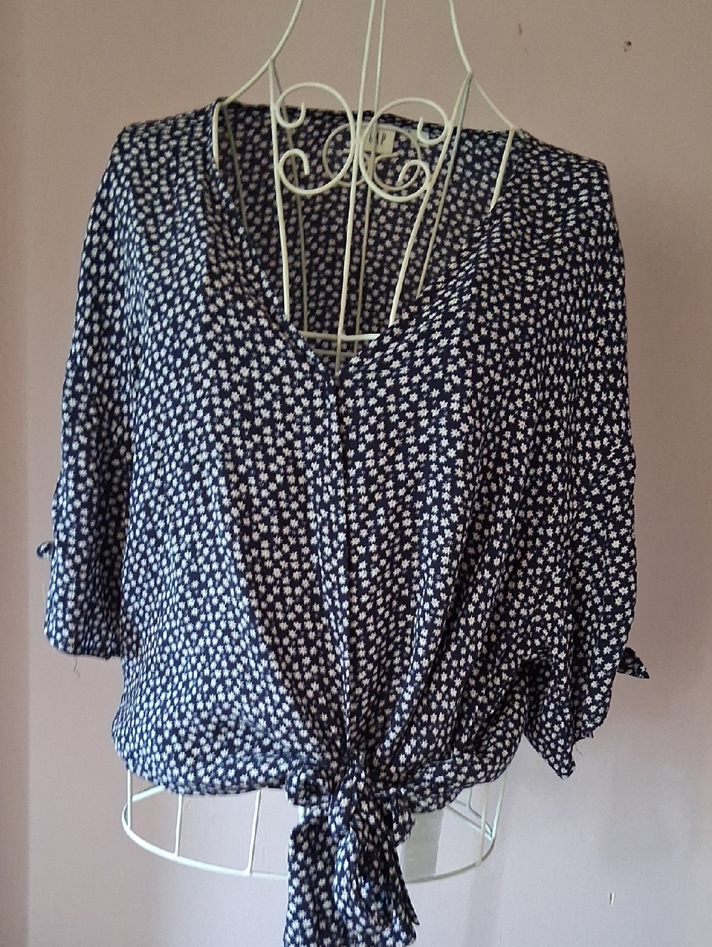 GAP Navy Ditsy Floral Tie-Front Blouse - Size L (100% Rayon)